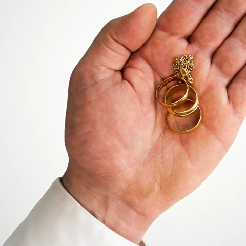 Pieza de oro 18K de referencia, 16 gramos, en la mano de un cliente